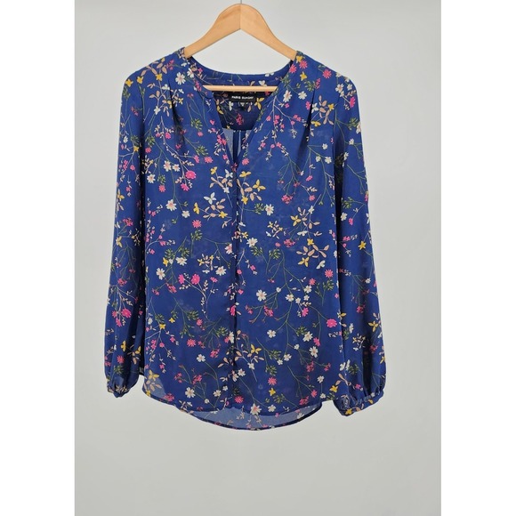 Paris Sunday Tops - Paris Sunday Blue Floral Long Sleeve Split V-Neck Blouse Medium